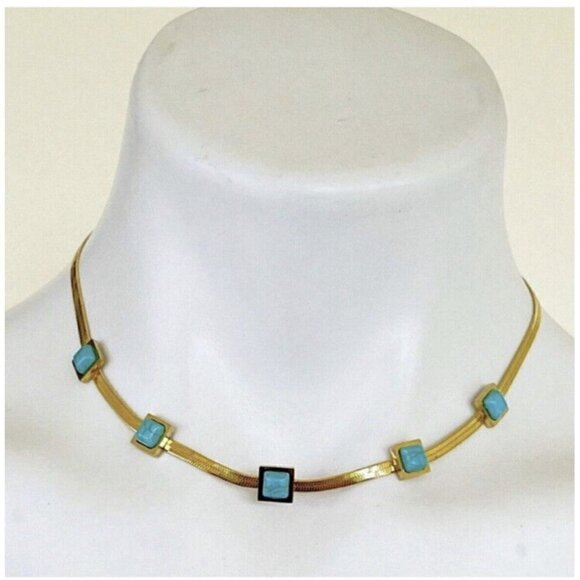 18K Gold Plated turquoise Herringbone necklace Snake Womens Jewelry - Picture 5 of 10